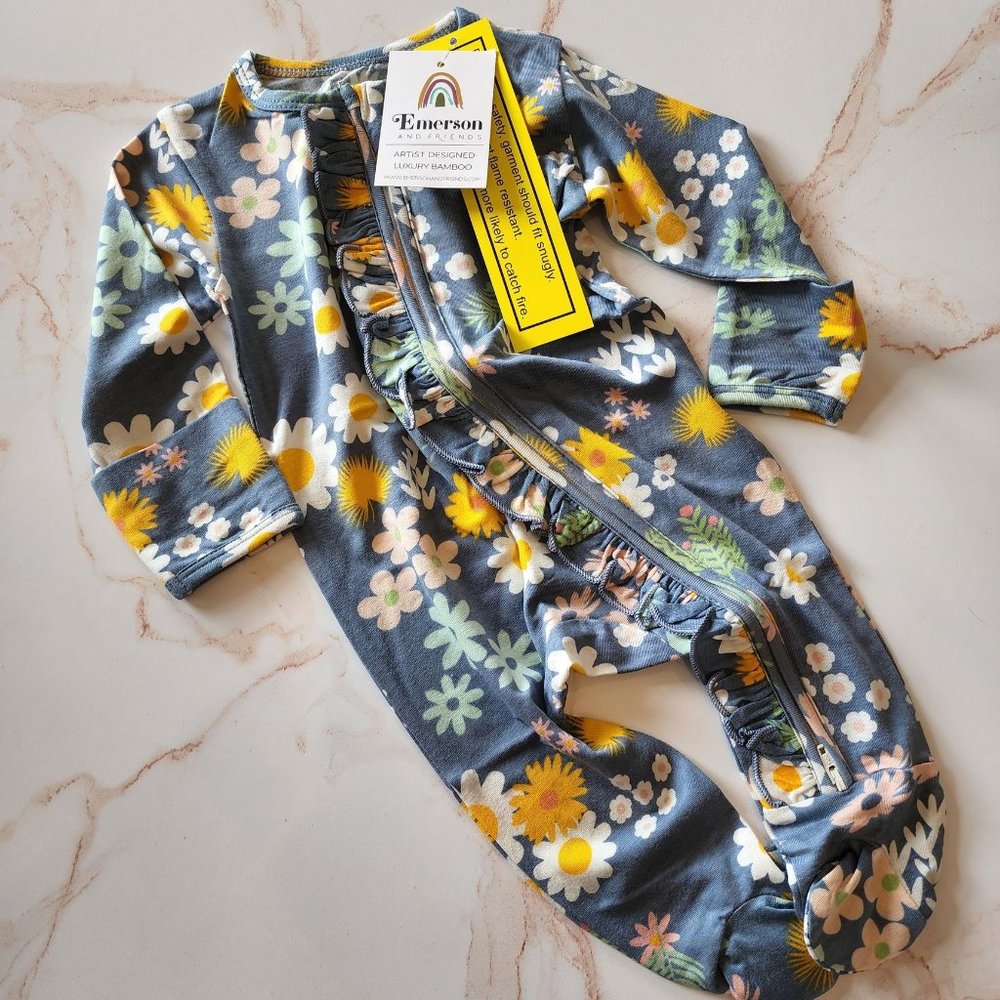Blue and Yellow Floral Footed Bamboo Pajamas